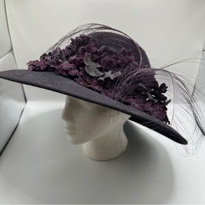 Vintage Mr.John Classic Deep Purple Church, Derby Hat with Floral and Feathers